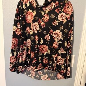 Black Floral Hooded Pullover with Pink & Cream Blooms